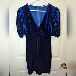 Elevator Disco blue velour bodycon dress Deep V neck size small